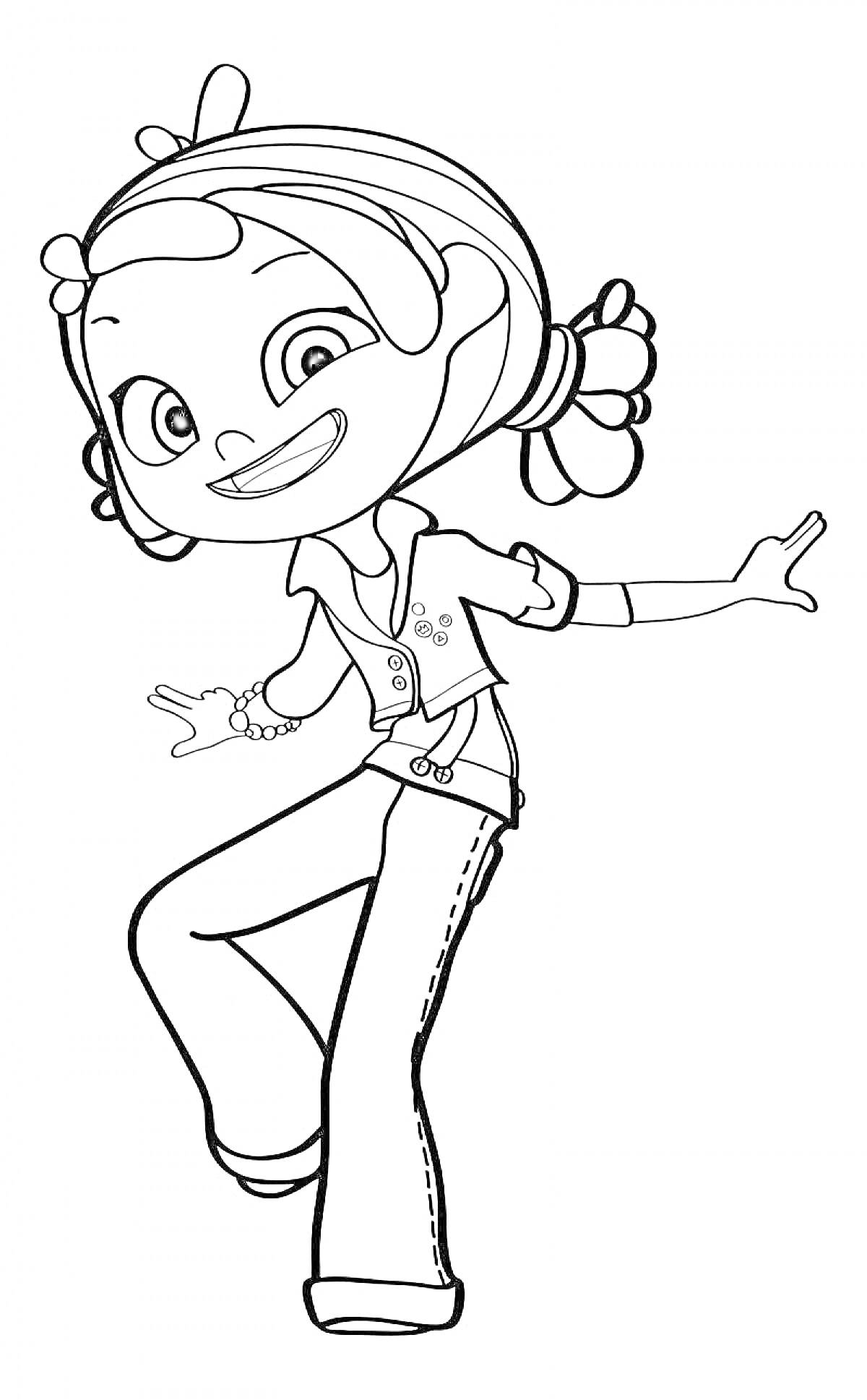 Раскраска Девочка из сказочного патруля в динамичной позе с браслетом и бантиками в волосах