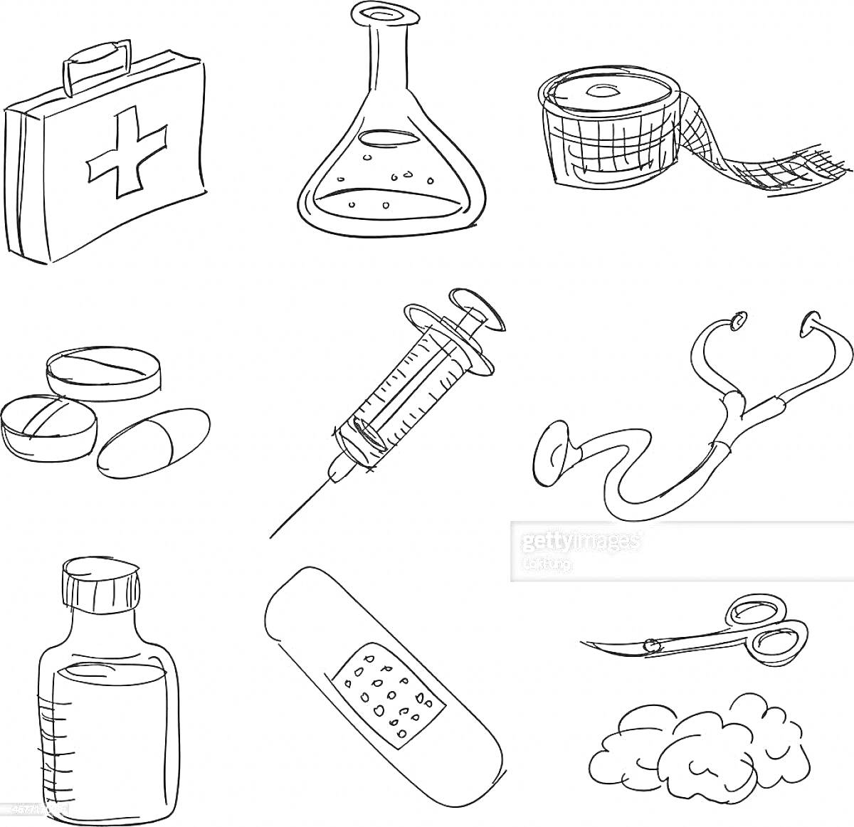 На раскраске изображено: Медицина, Аптечка, Колба, Таблетки, Шприц, Стетоскоп, Лекарство, Пластырь, Ножницы, Вата, Медицинские инструменты