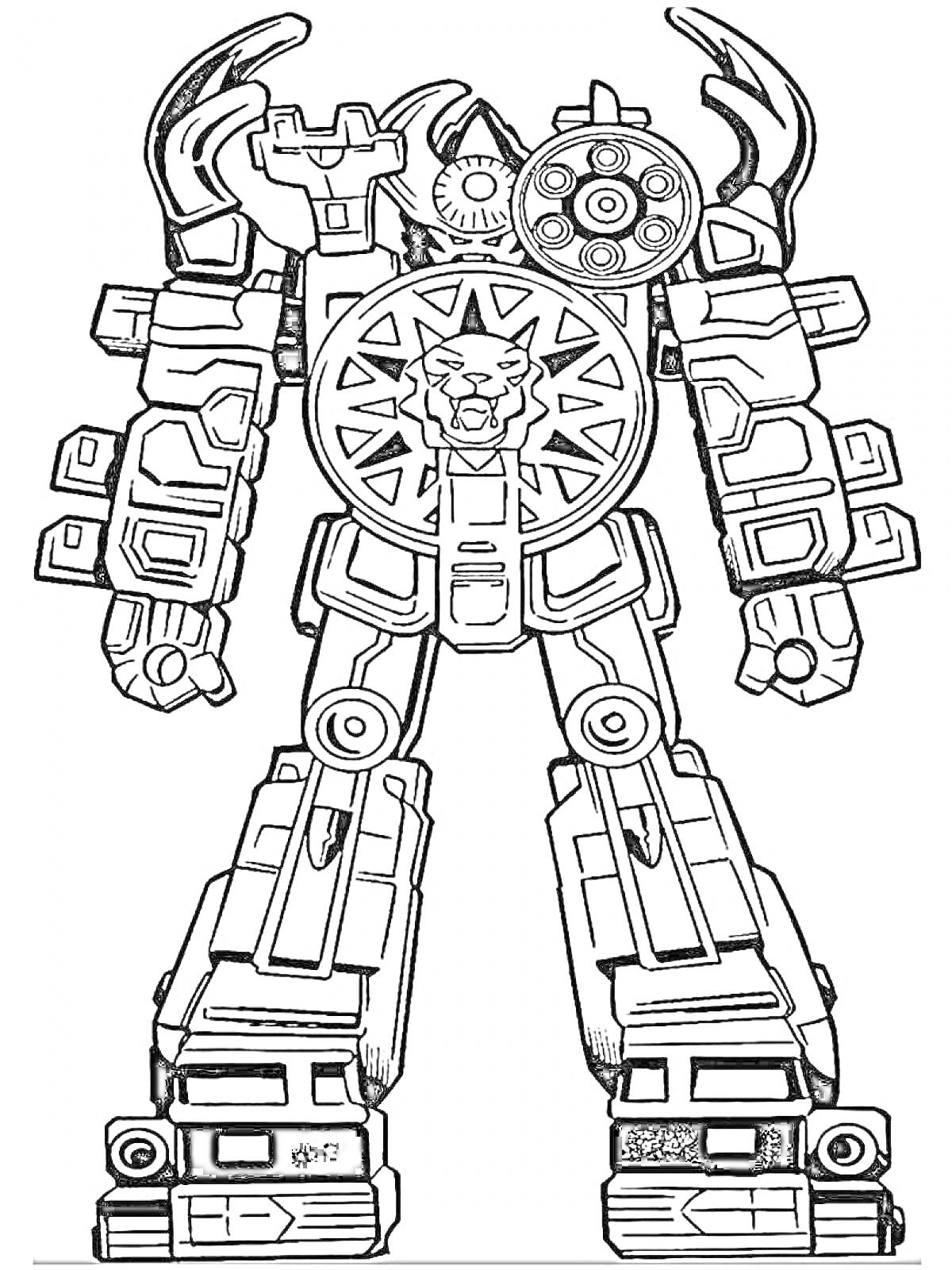 Раскраска Робот титан с элементами шестеренок и львиной головой на груди