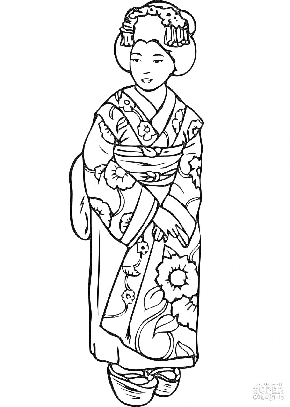 Раскраска японка в традиционном кимоно с узорами, прическа с украшениями, пояс оби, традиционная обувь гэта