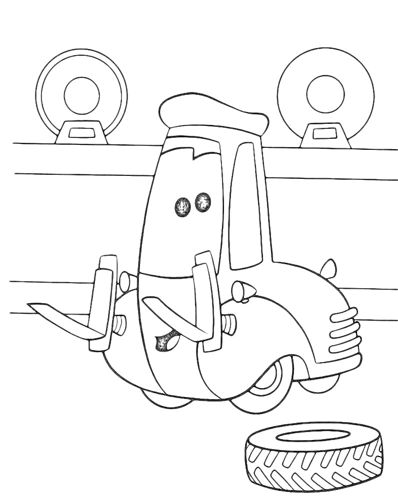 На раскраске изображено: Гоночная машина, Вилы, Запасное колесо, Тачки, Автомобиль, Из мультфильмов, Знак