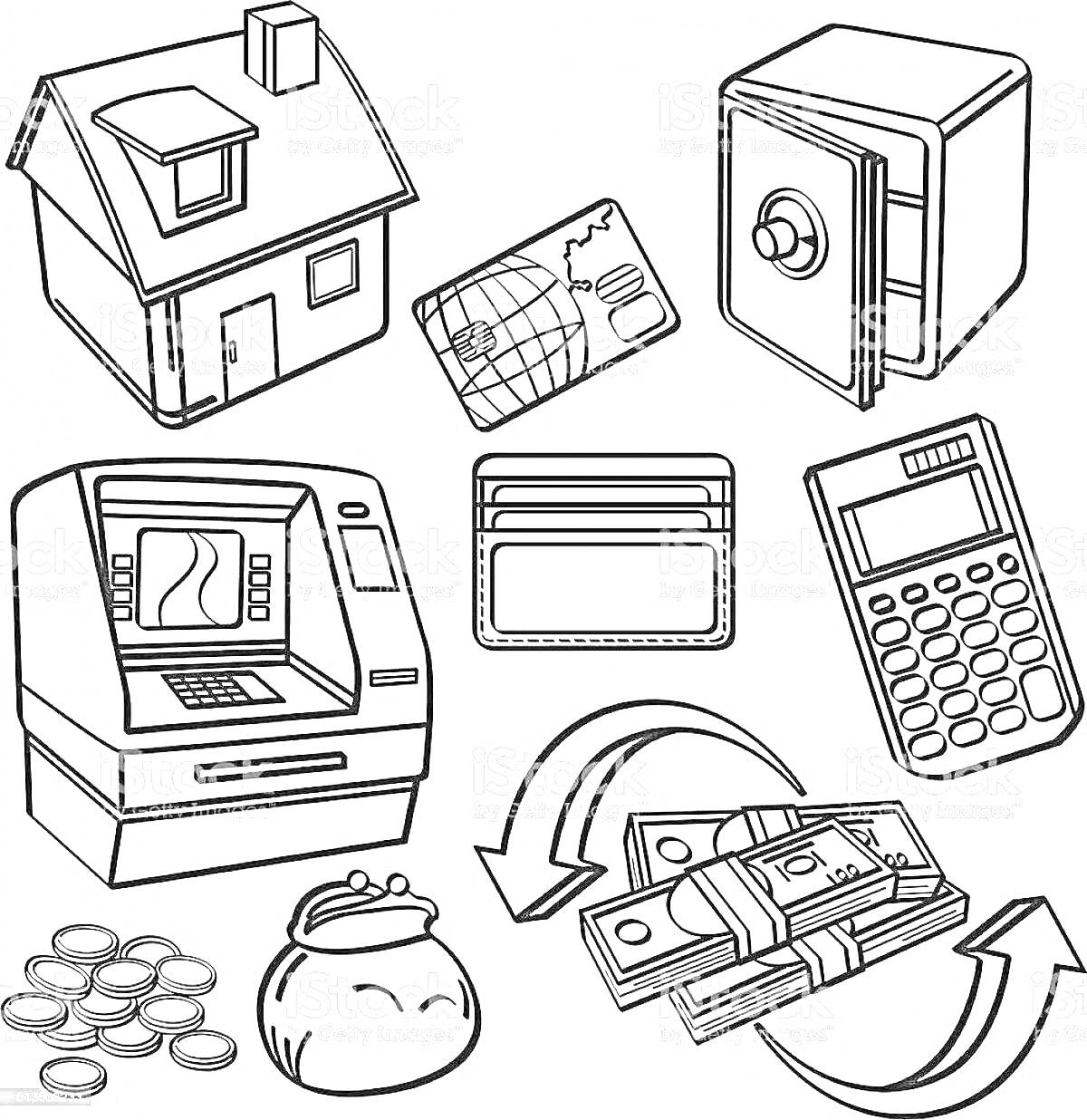 Раскраска Банкомат, сейф, дом, кредитная карта, кошелек с монетами, пачка денег, карточки, калькулятор