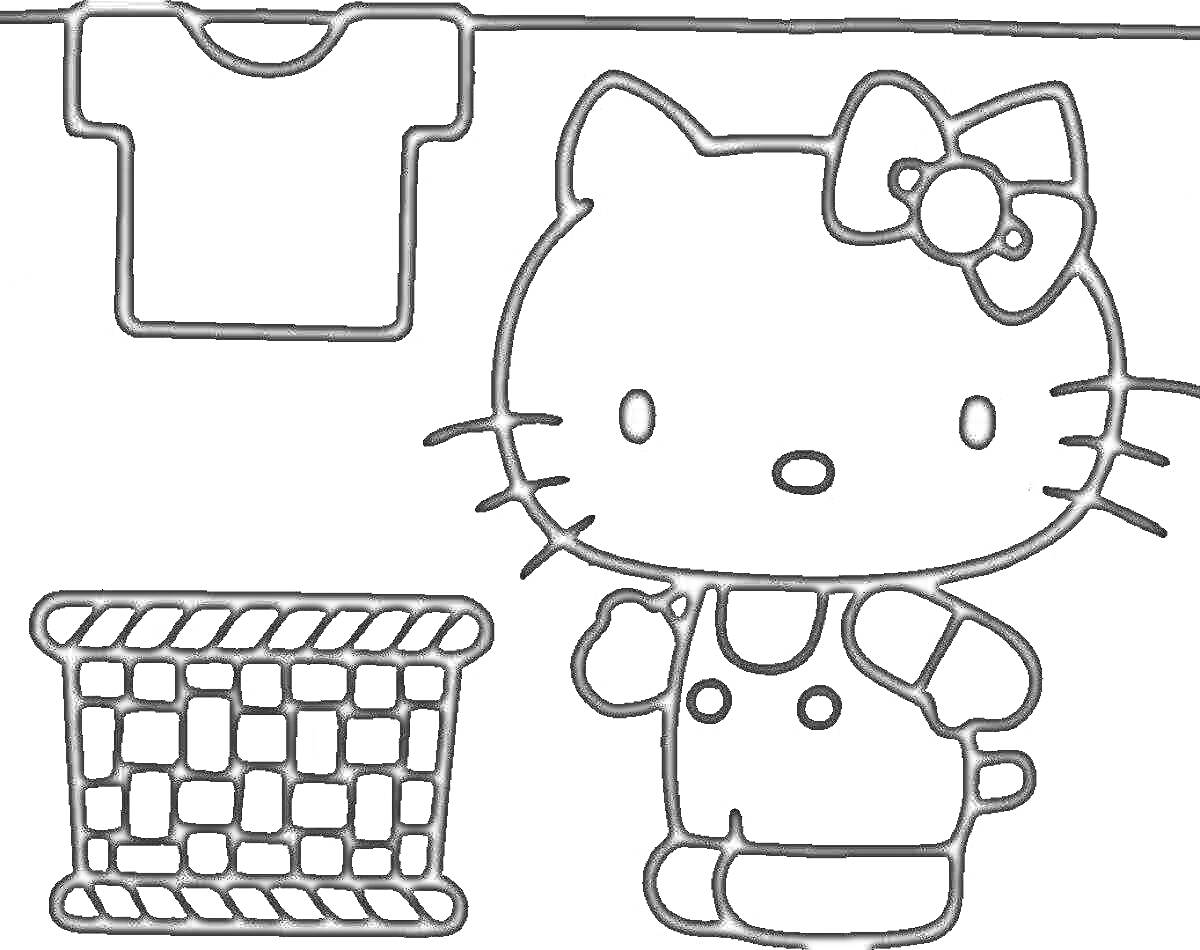 Раскраска Hello Kitty в комбинезоне рядом с корзиной и висящей рубашкой
