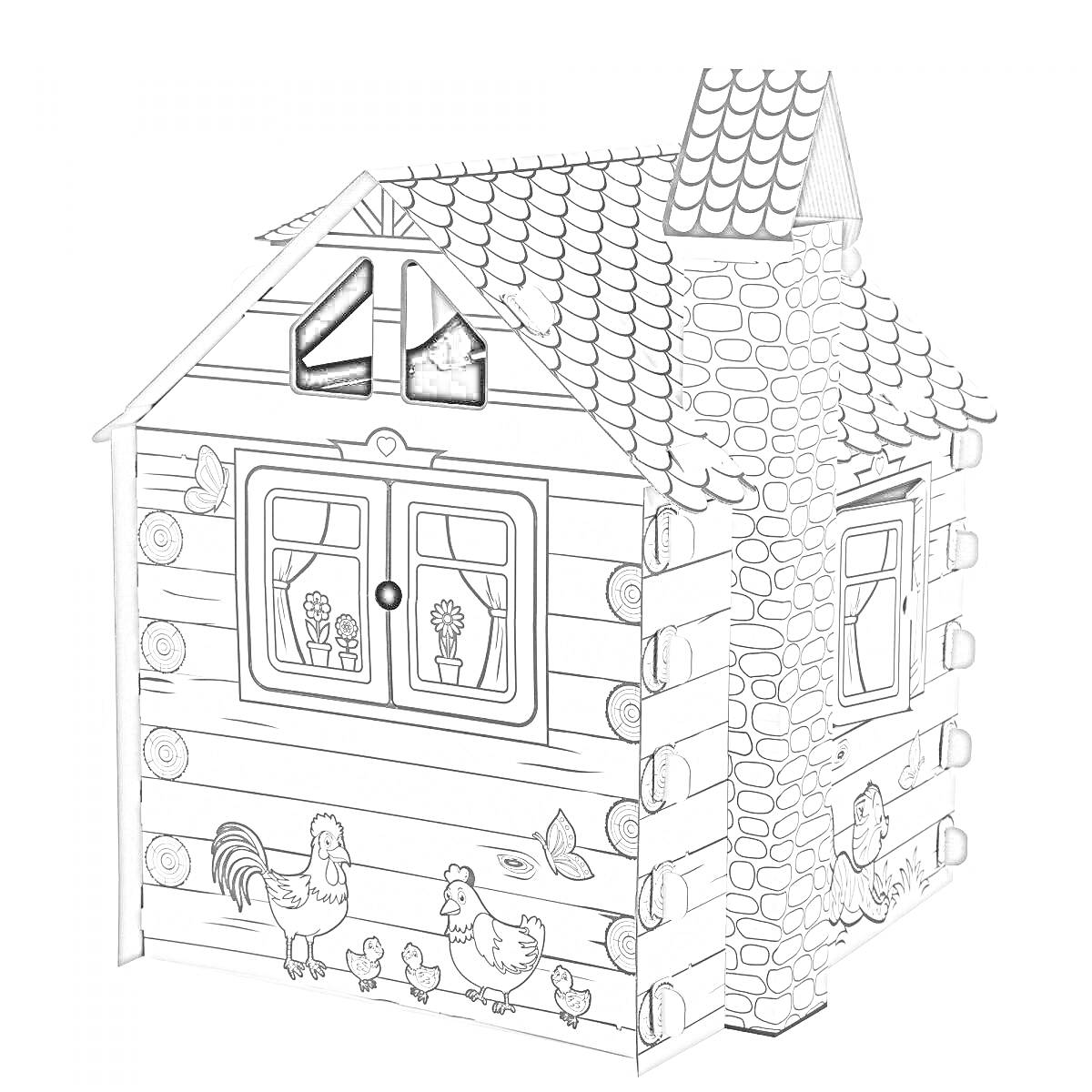 Раскраска Картонный домик с рисунками животных и окнами