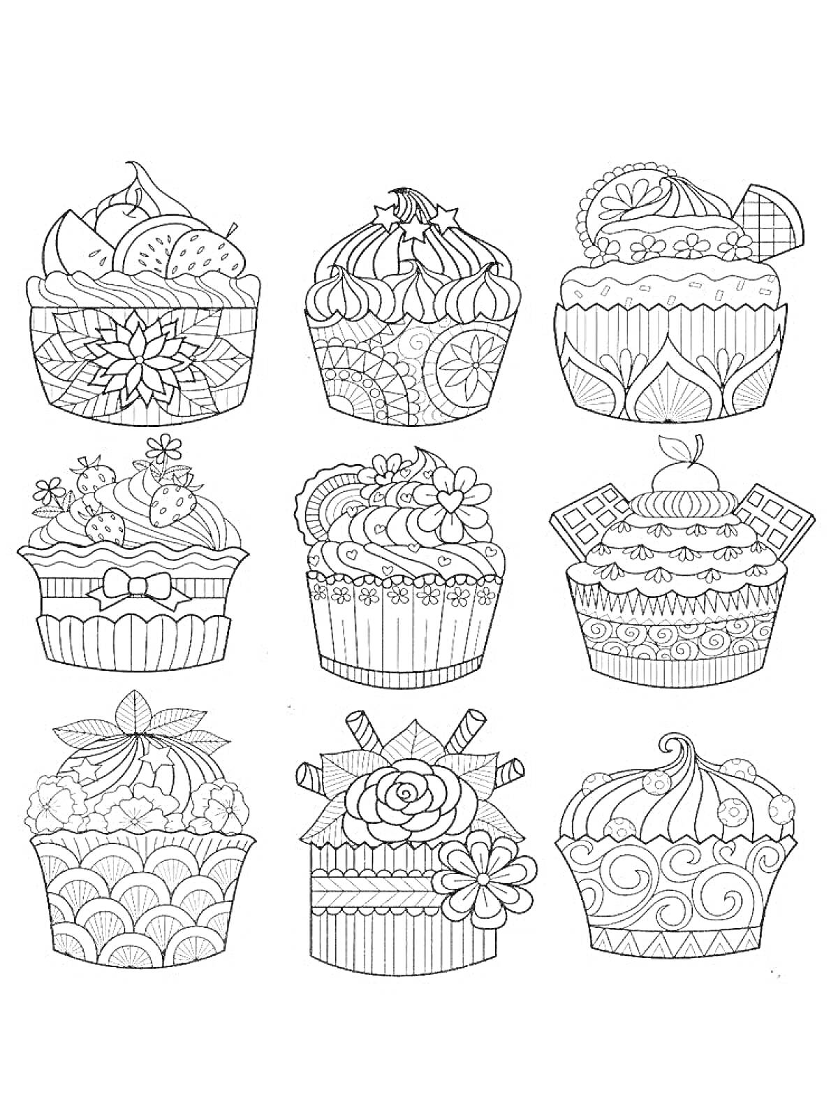 Раскраска Раскраска с кексами — три ряда по три кекса, каждый украшен деталями, такими как фрукты, цветы, шоколадные плитки, банты и узоры