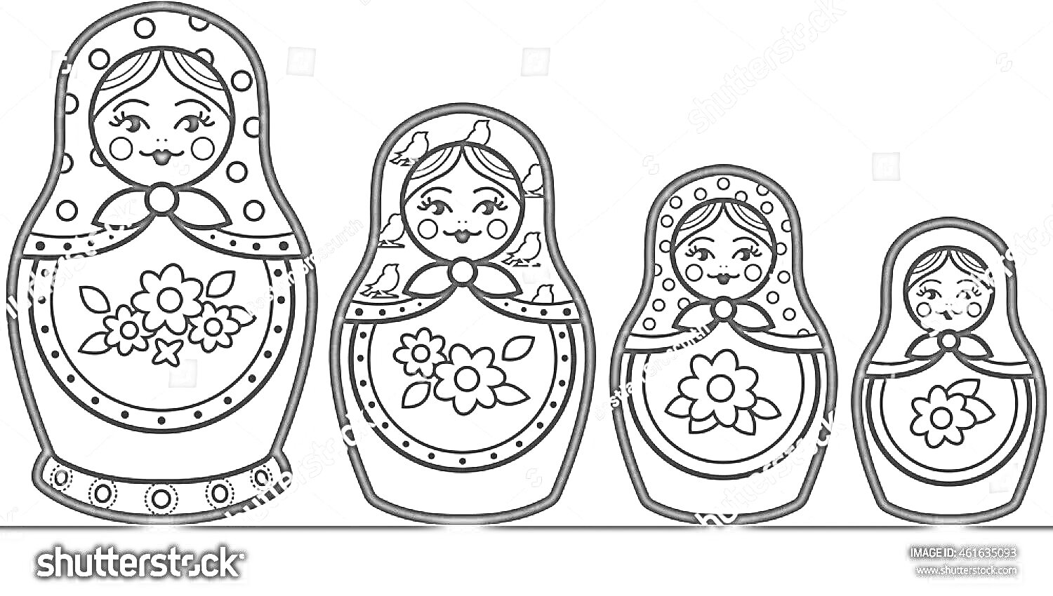 Раскраска Матрешка шаблон для раскрашивания с четырьмя фигурками разного размера, каждая с цветочным орнаментом