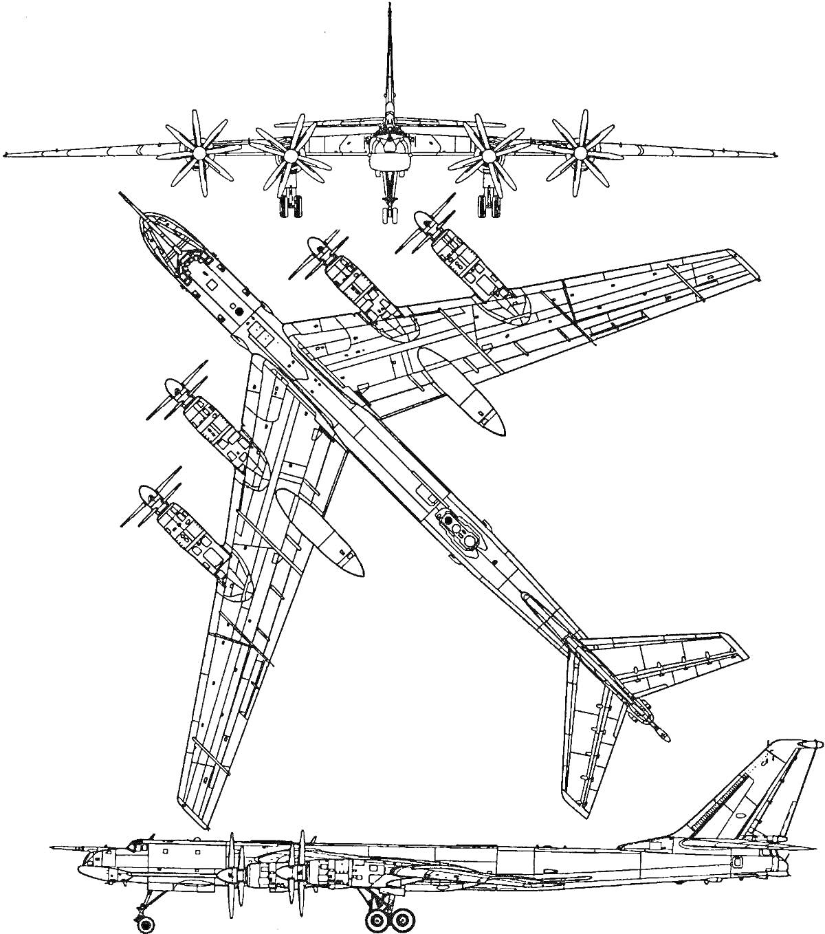 Схематическое изображение самолета Ту-95 с видами спереди, сверху и сбоку