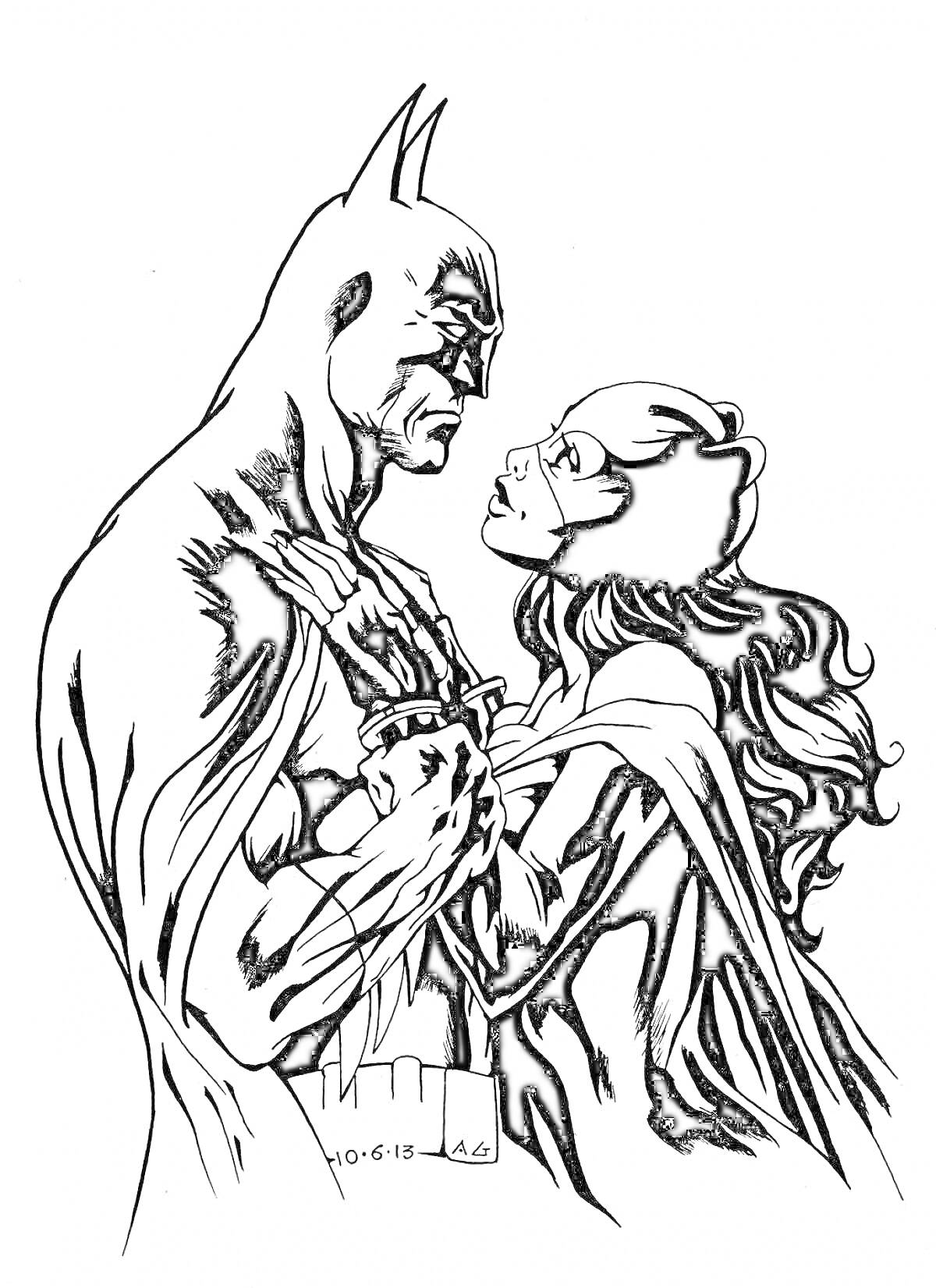 На раскраске изображено: Бэтмен, Женщина-кошка, Супергерои, Комиксы, DC Comics, Объятия