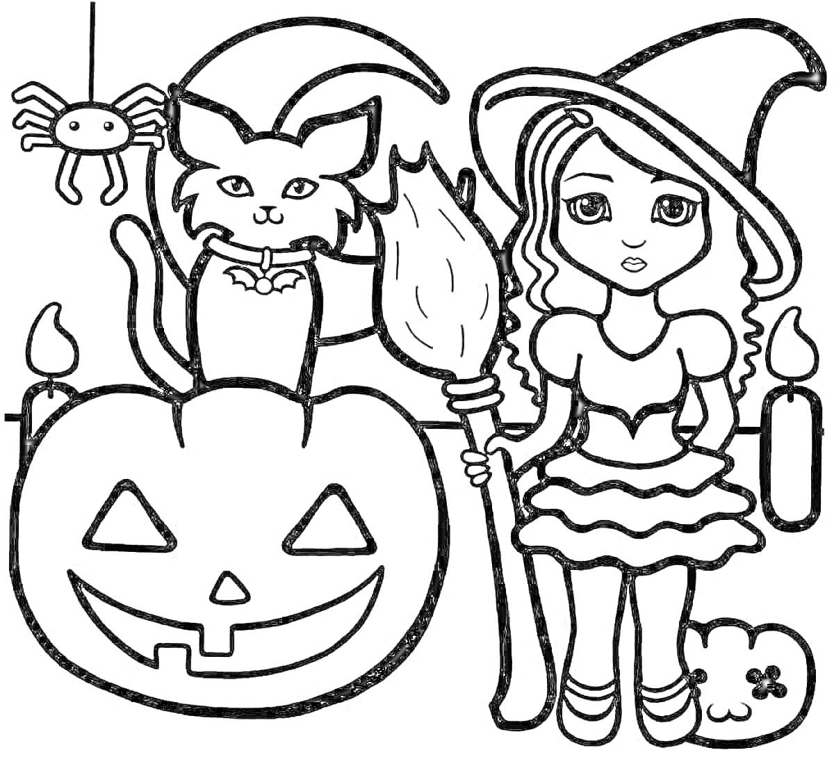 Раскраска Девочка ведьма с метлой, черная кошка на тыкве, висячий паук, две свечи и привидение