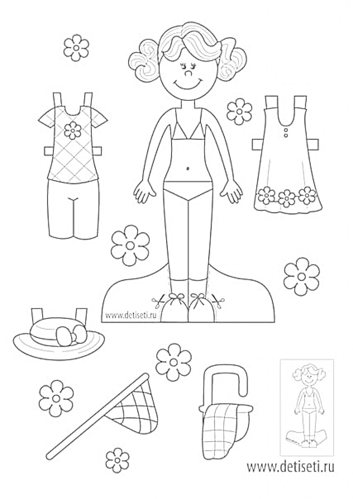 На раскраске изображено: Вырезалка, Девочка, Летняя одежда, Платье, Шляпа, Сумка, Сачок, Цветы, Для детей 5-6 лет