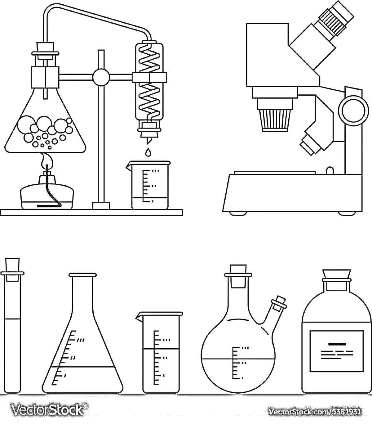 Раскраска Лабораторное оборудование и стеклянная посуда для химических экспериментов (колба, штатив, холодильник, спиртовка, бюретка, мензурка, микроскоп, пробирка, мерный цилиндр, коническая колба, круглодонная колба, колба Эрленмейера, склянка для реактивов)