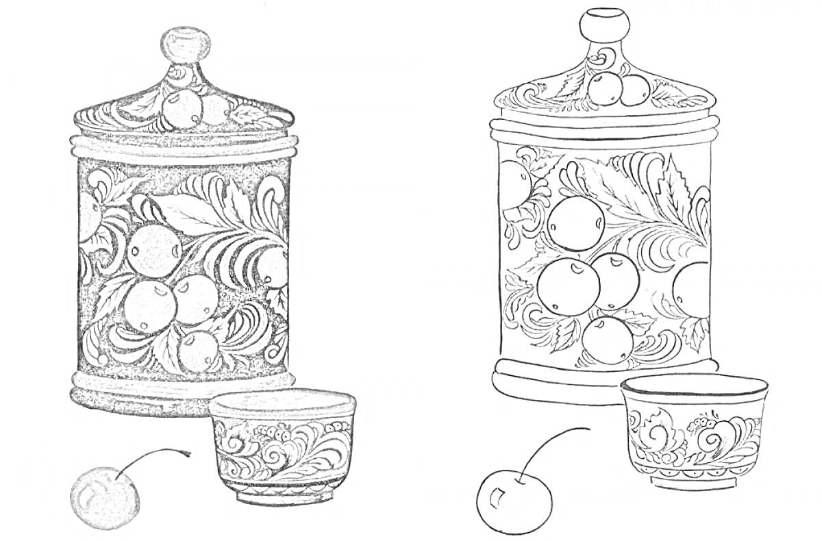 Раскраска Хохломской узор на банке с крышкой, чаше и вишнях