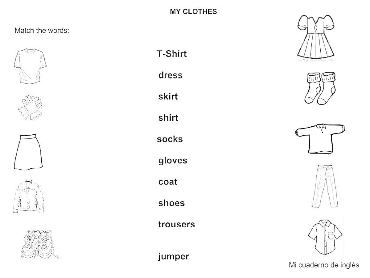 Раскраска одежда в английском для детей - футболка, платье, юбка, рубашка, носки, перчатки, пальто, обувь, брюки, свитер