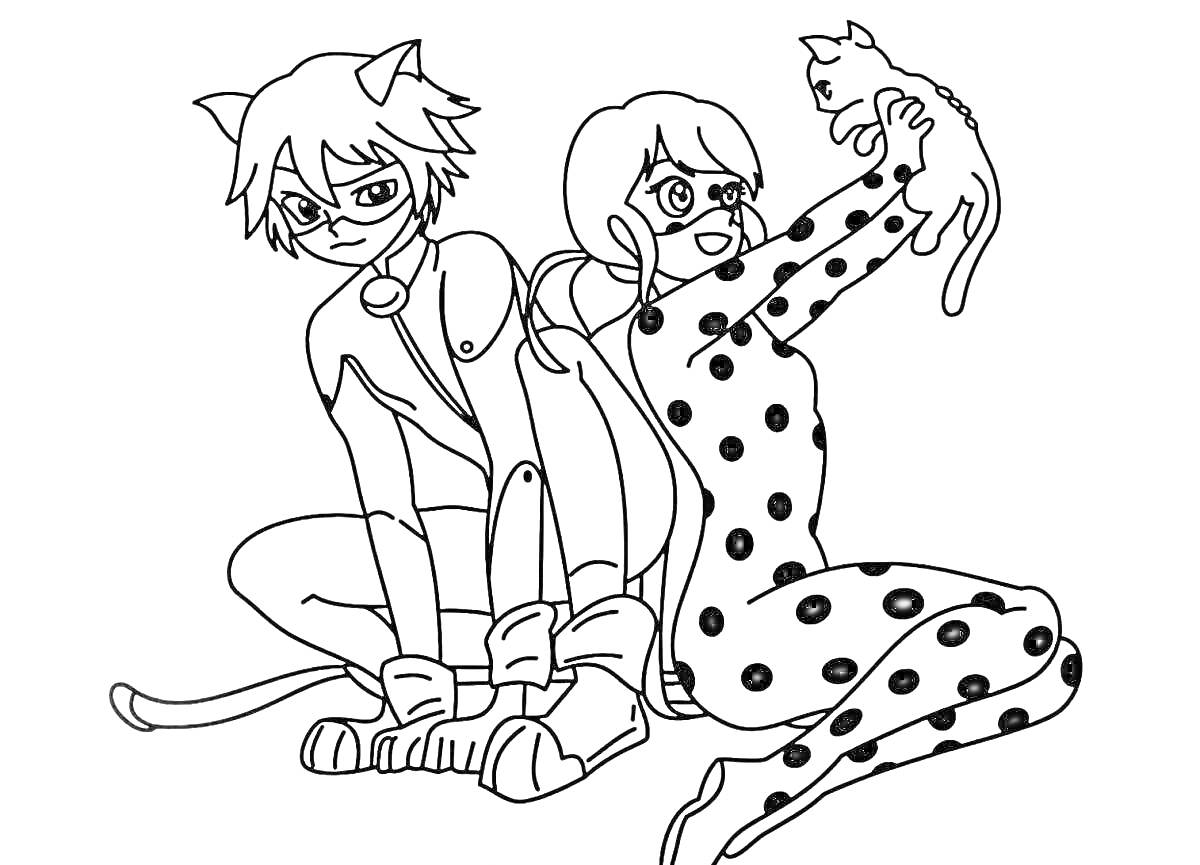 Раскраска Леди Баг с черной кошкой и партнером в костюме кота