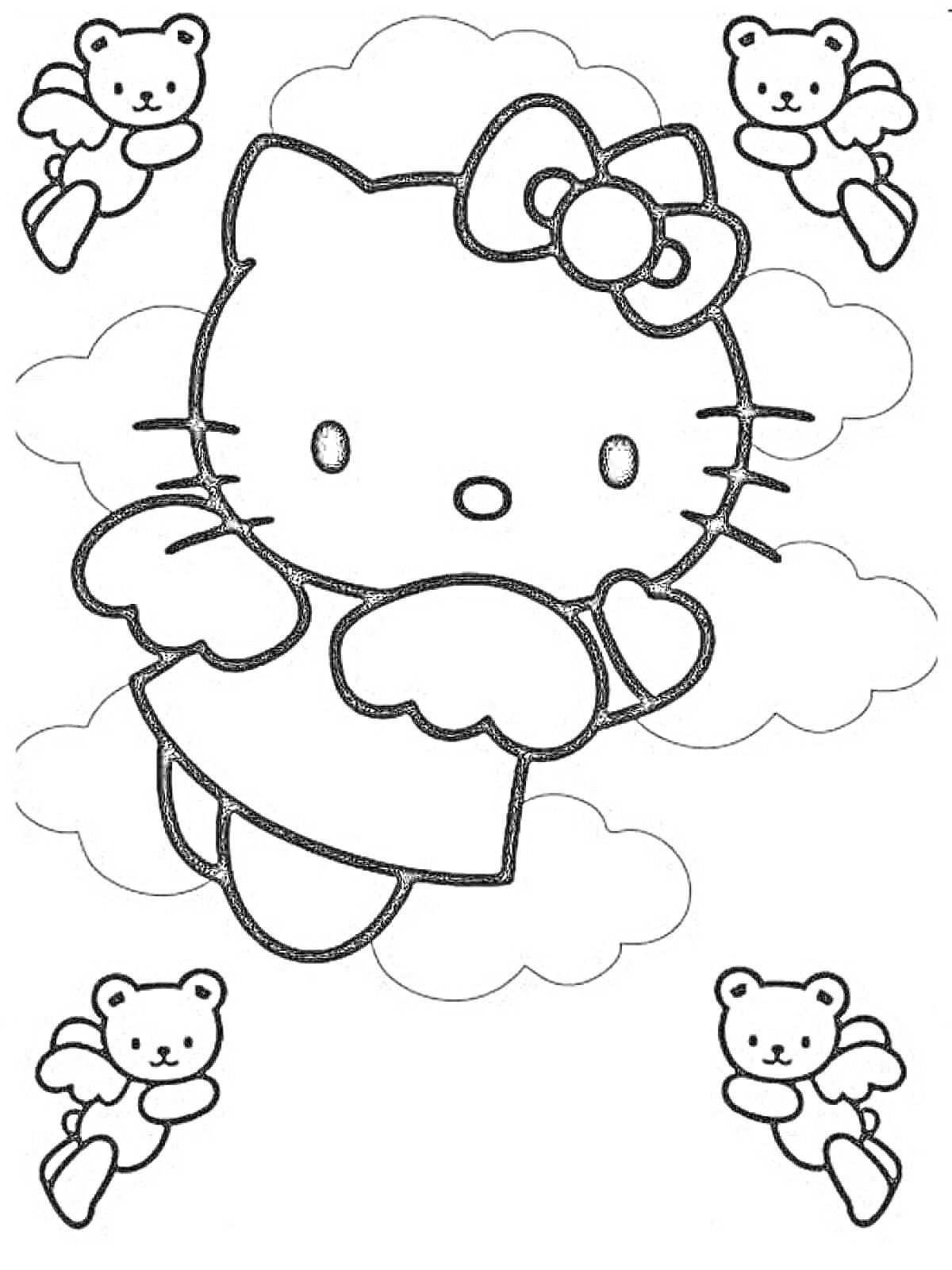 Раскраска Хелло Китти с крыльями среди облаков и ангелочков-мишек