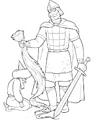 Раскраска Богатырь с мечом держит за волосы побежденного противника