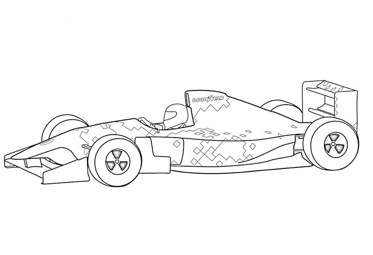 Раскраска Гоночная машина с геометрическим орнаментом и логотипами на колесах