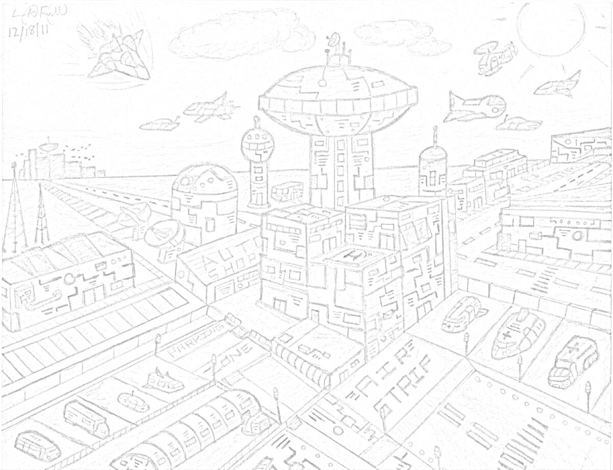 Раскраска Город будущего со школой, небоскребами, футуристическими транспортными средствами и небом с летательными аппаратами