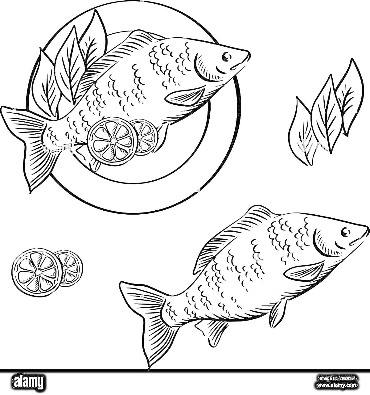На раскраске изображено: Рыба, Тарелка, Листья, Дольки лимона, Еда, Рыбные продукты