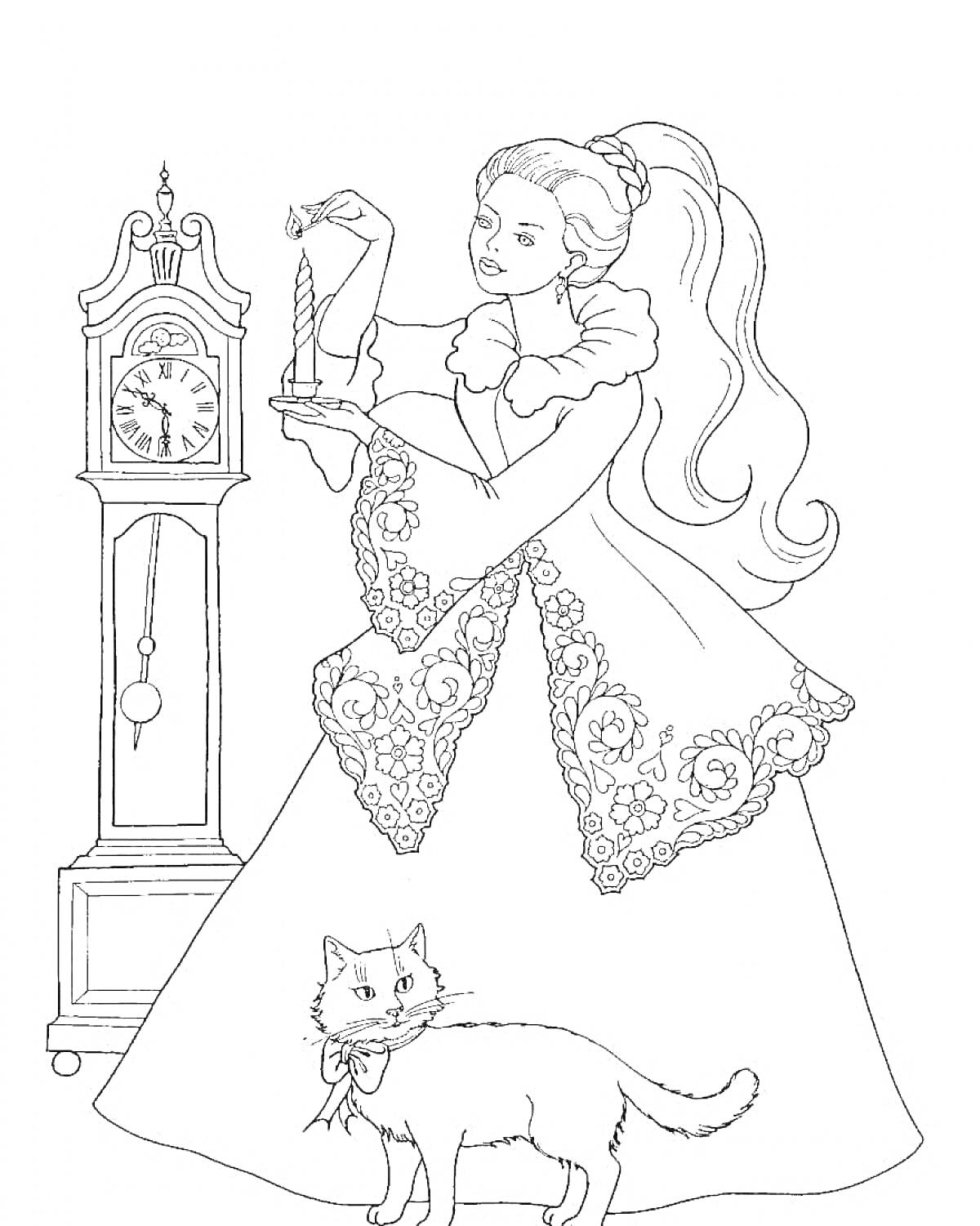 На раскраске изображено: Принцесса, Часы, Платье с узорами, Длинные волосы