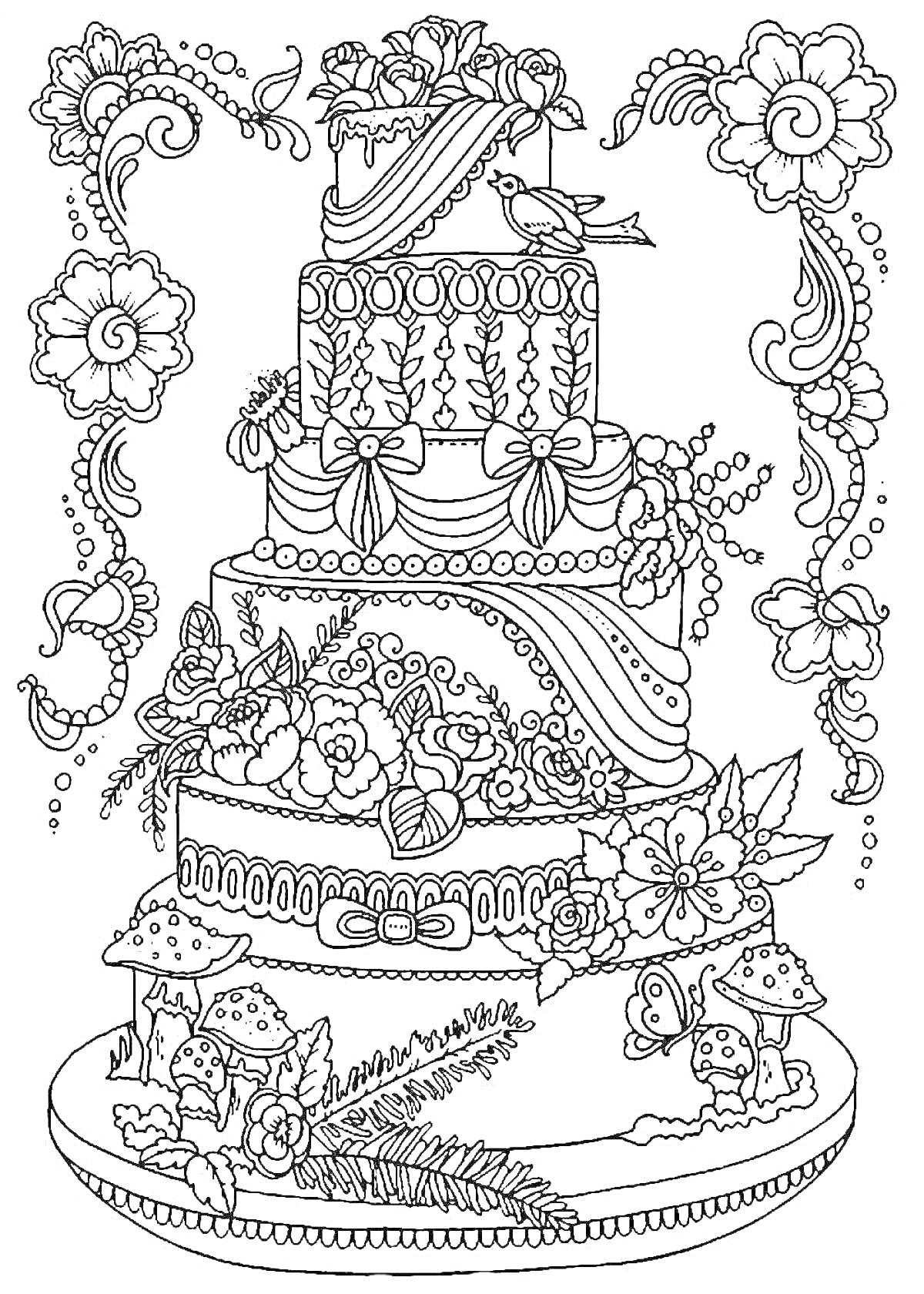 Трехъярусный торт с цветами, бантиками, птицами, грибами и узорами вокруг