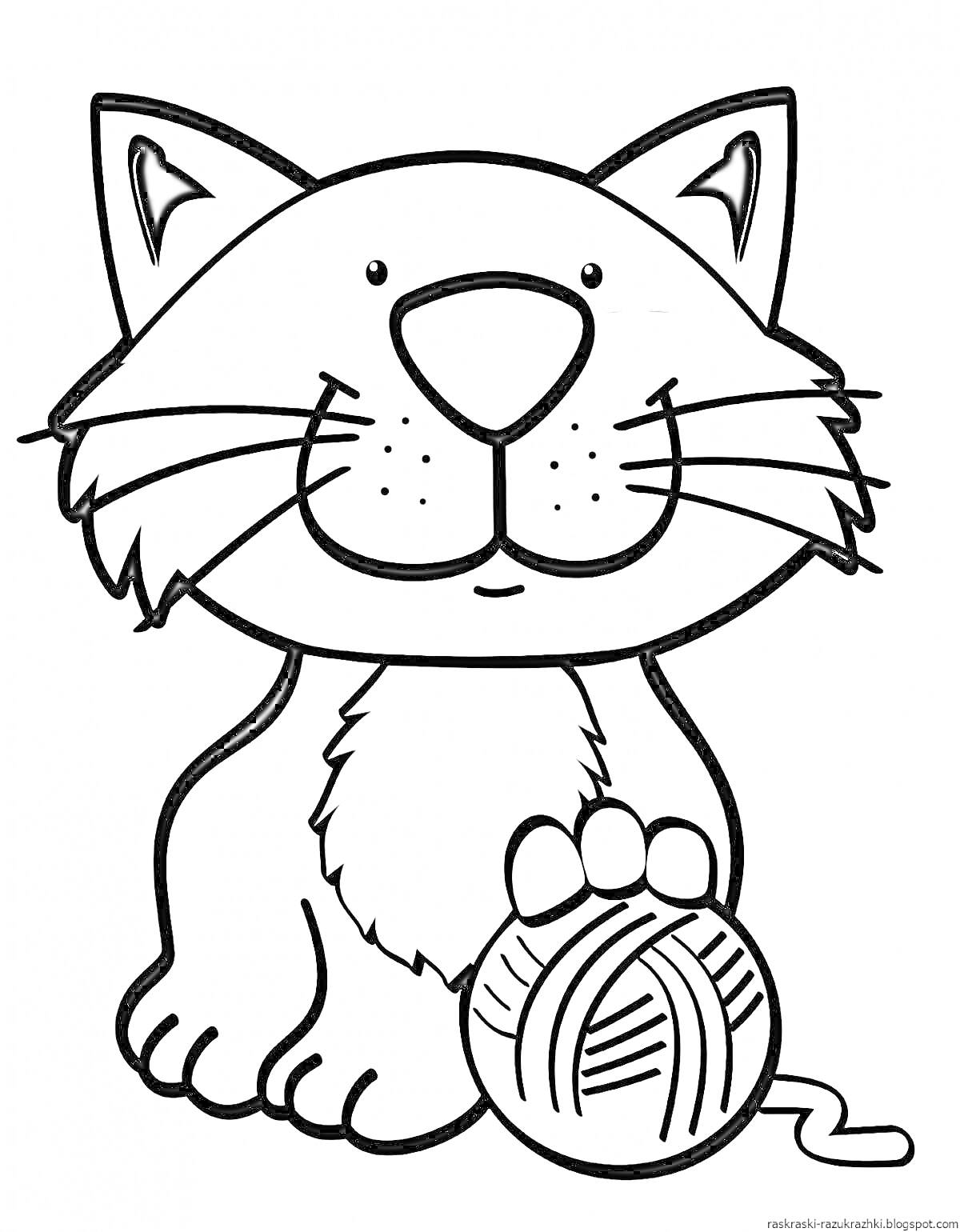 На раскраске изображено: Кот, Шерсть, Животные, Игра, Для детей, Клубки ниток, Милый кот