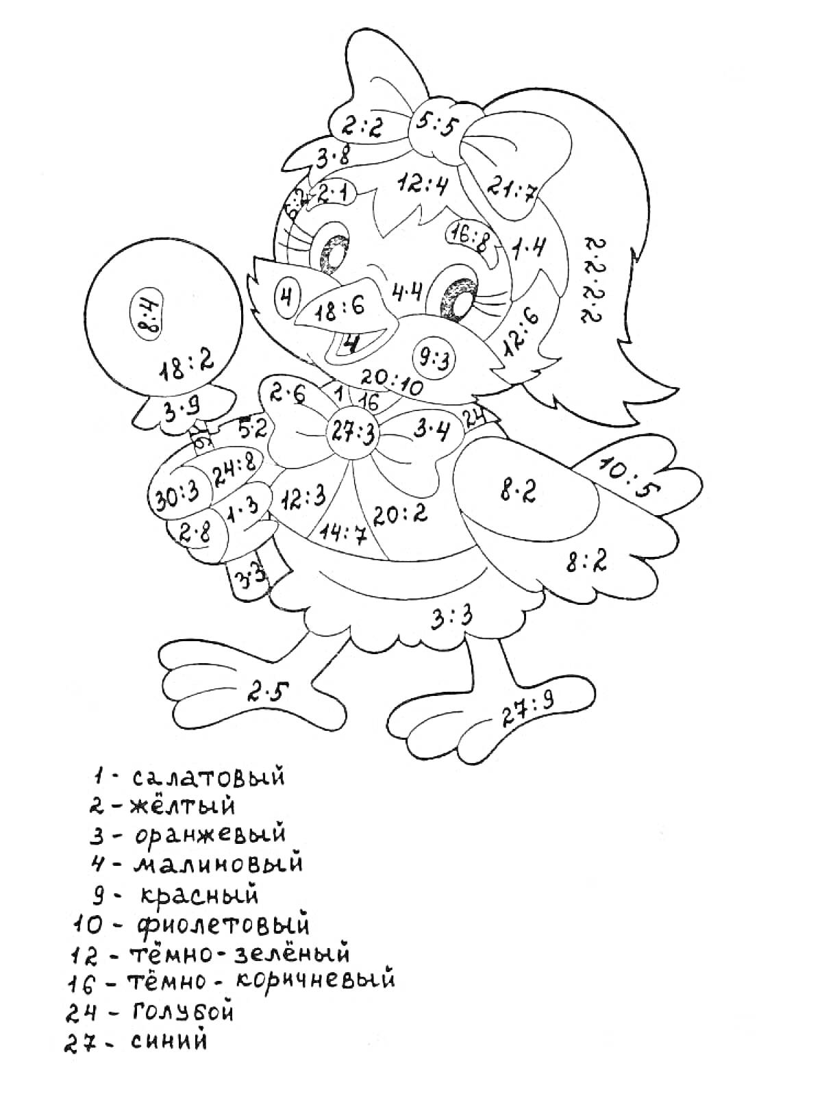 Раскраска-дивизионка с изображением утёнка и примерами на деление