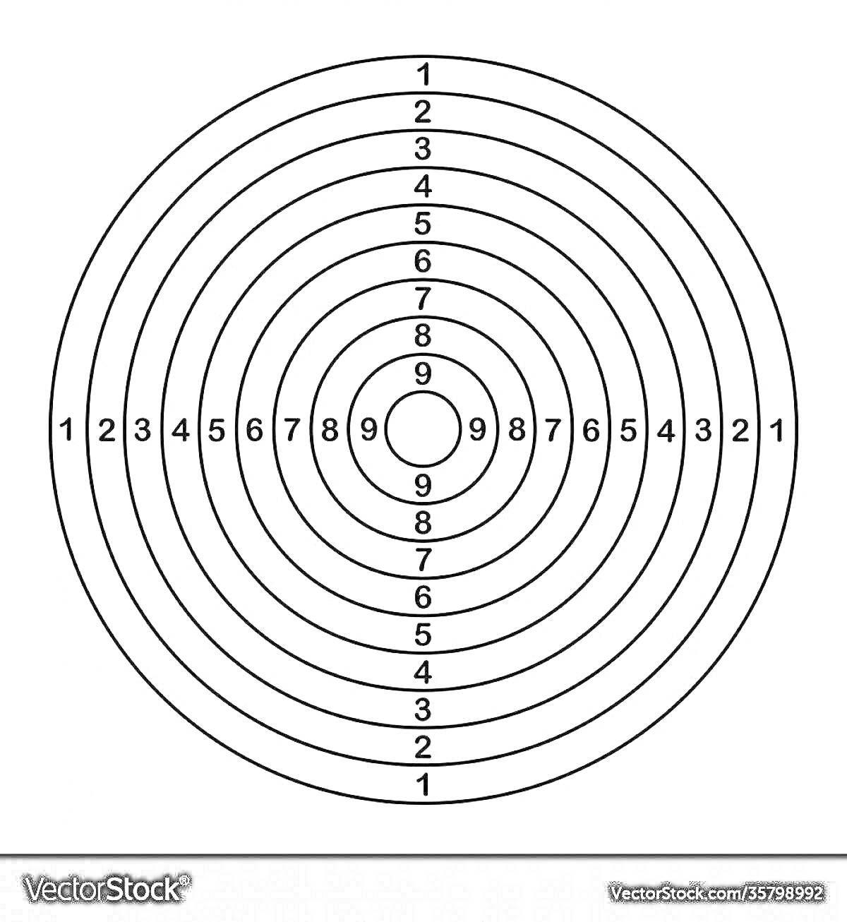 Раскраска Мишень для стрельбы с кругами, пронумерованными от 1 до 9