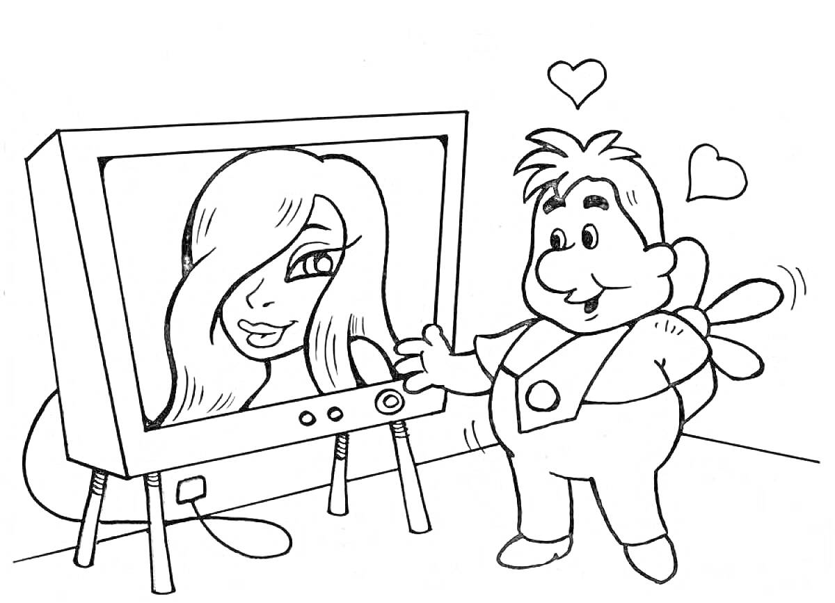 Раскраска Человек с пропеллером на спине перед телевизором с изображением женщины на экране