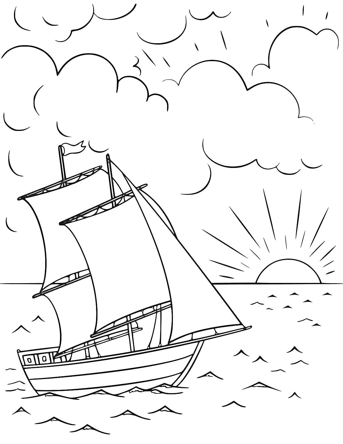 На раскраске изображено: Корабль, Море, Паруса, Солнце, Облака, Вода, Пейзаж, Закат