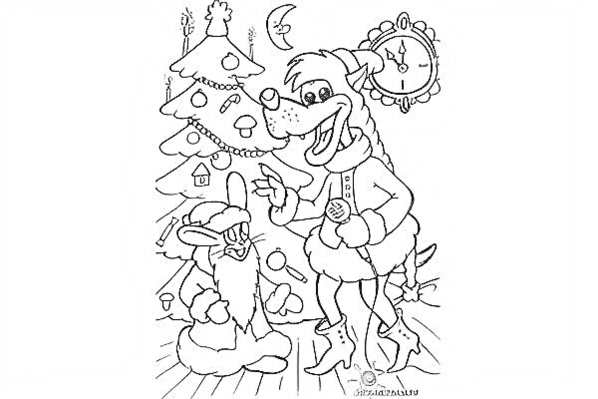 На раскраске изображено: Новый год, Волк, Заяц, Украшения, Часы, Ночь, Звезды, Месяц, Ну погоди