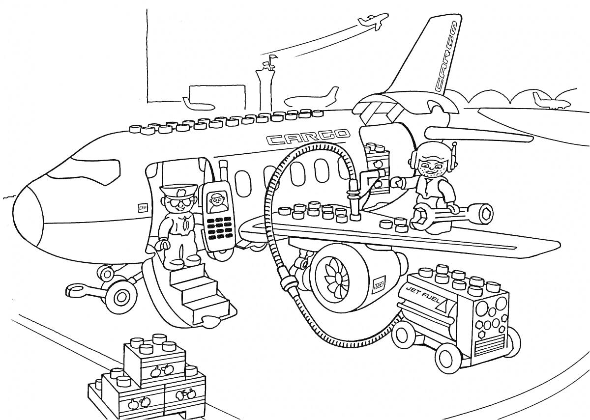 На раскраске изображено: Лего, Техника, Багаж, Аэропорт, Кирпичики