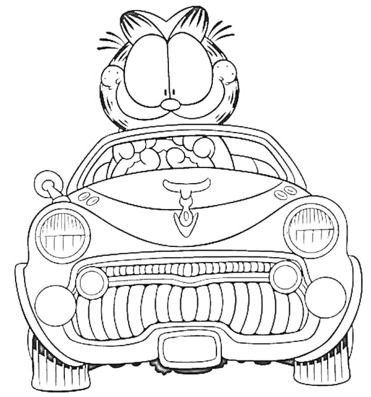 Кот за рулем автомобиля с бычьими рогами на капоте