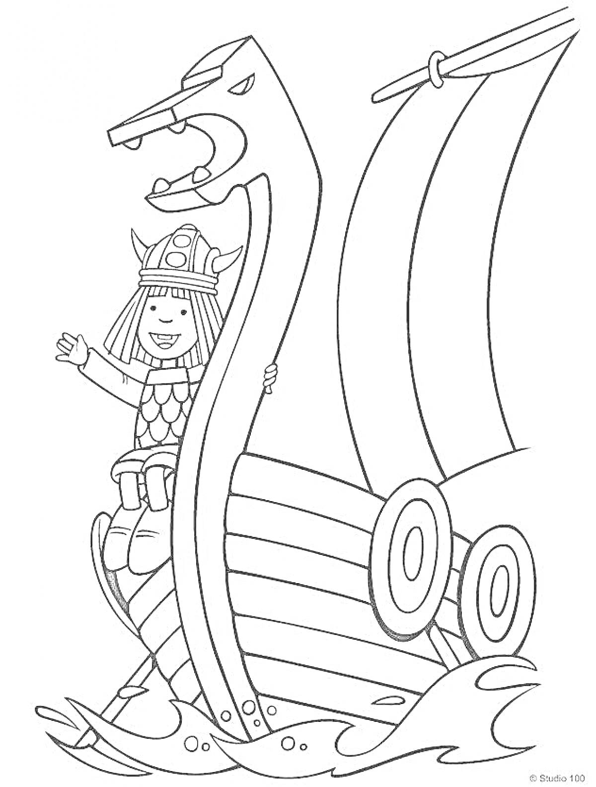На раскраске изображено: Викинг, Паруса, Дракон, Море, Волны, Корабль, Веселье