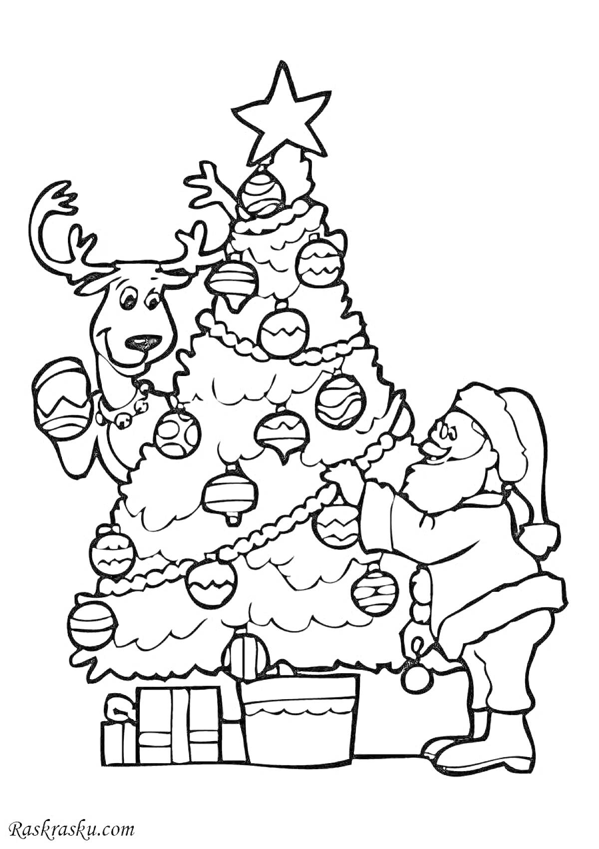 Раскраска Дед Мороз украшает елочку с оленем, подарки под елкой