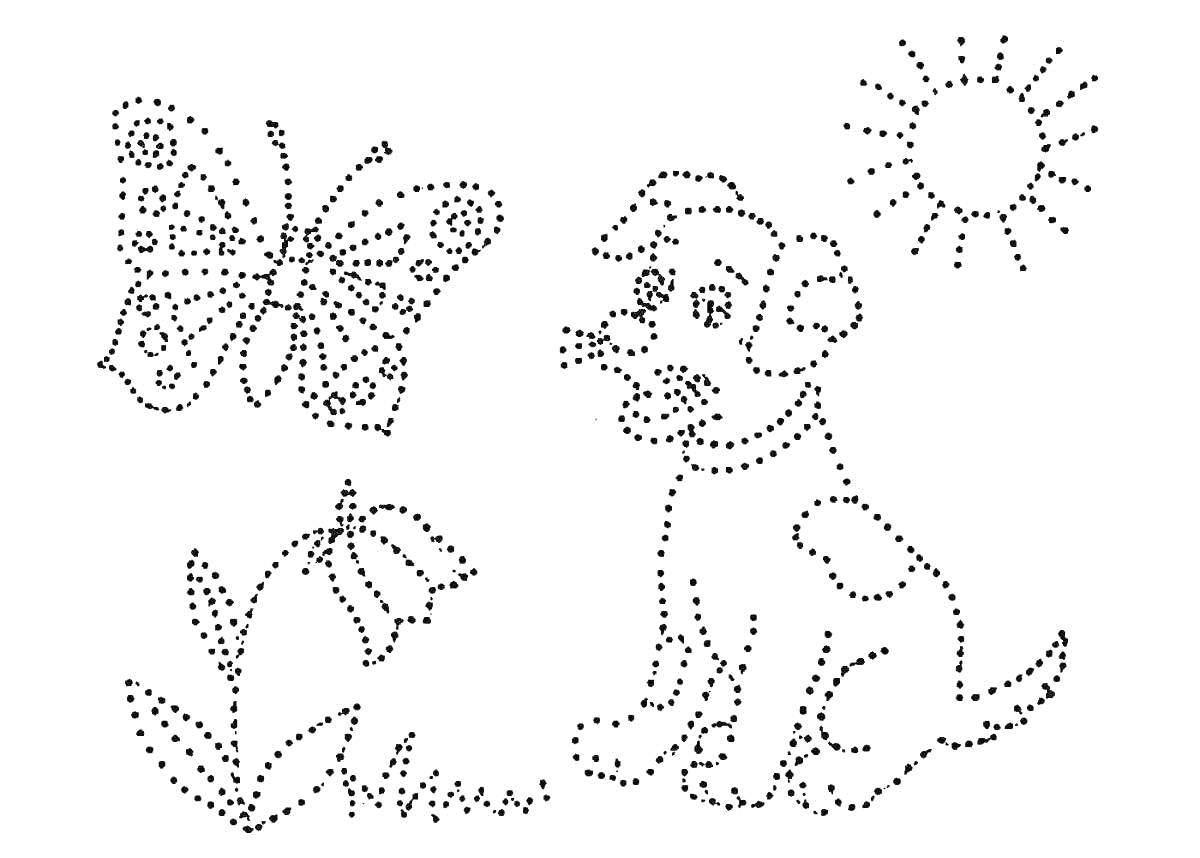 На раскраске изображено: По точкам, Собака, Бабочка, Солнце, 5 лет, 6 лет