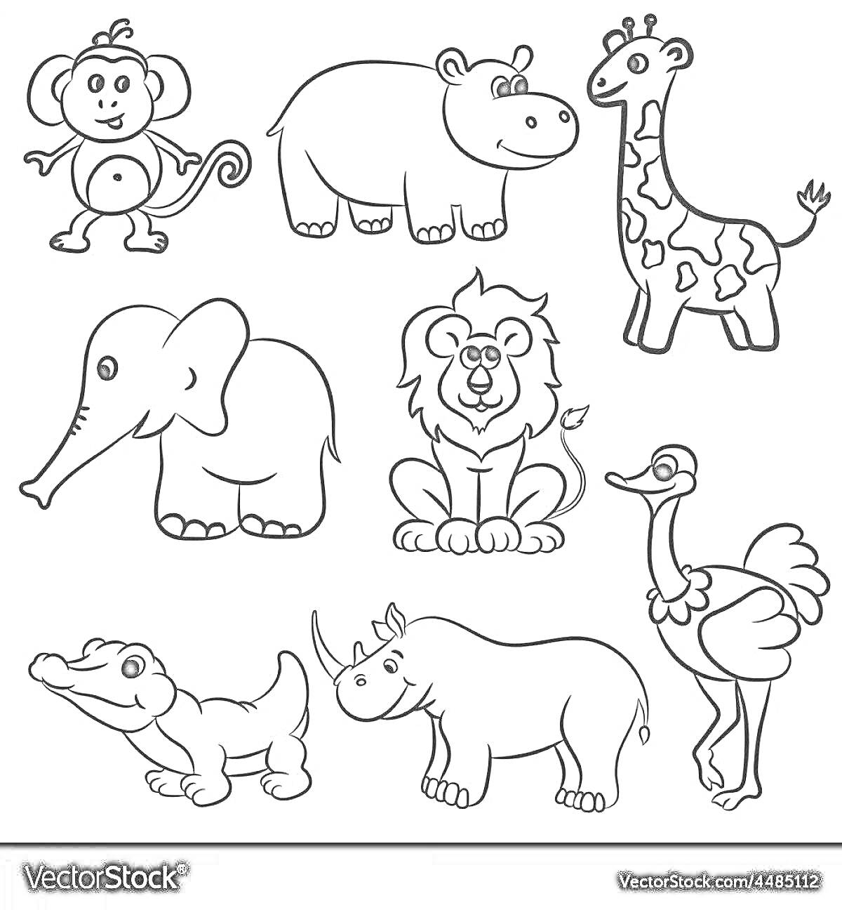 На раскраске изображено: Животные, Бегемот, Слон, Лев, Страус, Крокодил, Носорог, Для детей