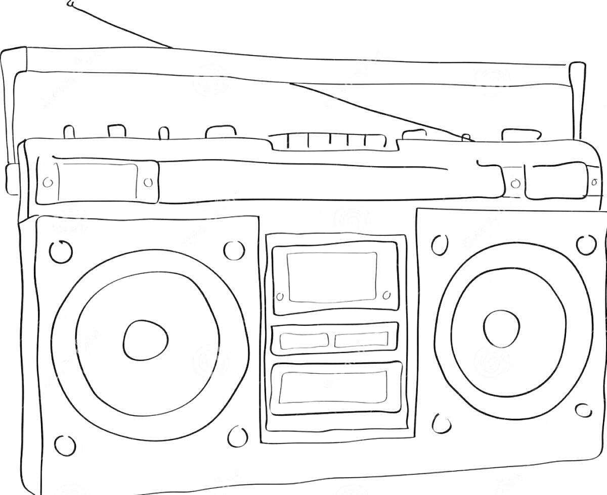 Раскраска Музыкальный центр с двумя большими динамиками, антенной и кассетным проигрывателем