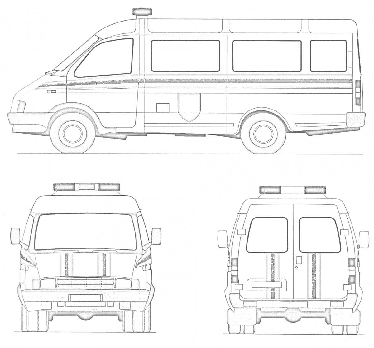 Автомобиль скорой помощи с цветографической схемой, вид сбоку и фронтальный вид