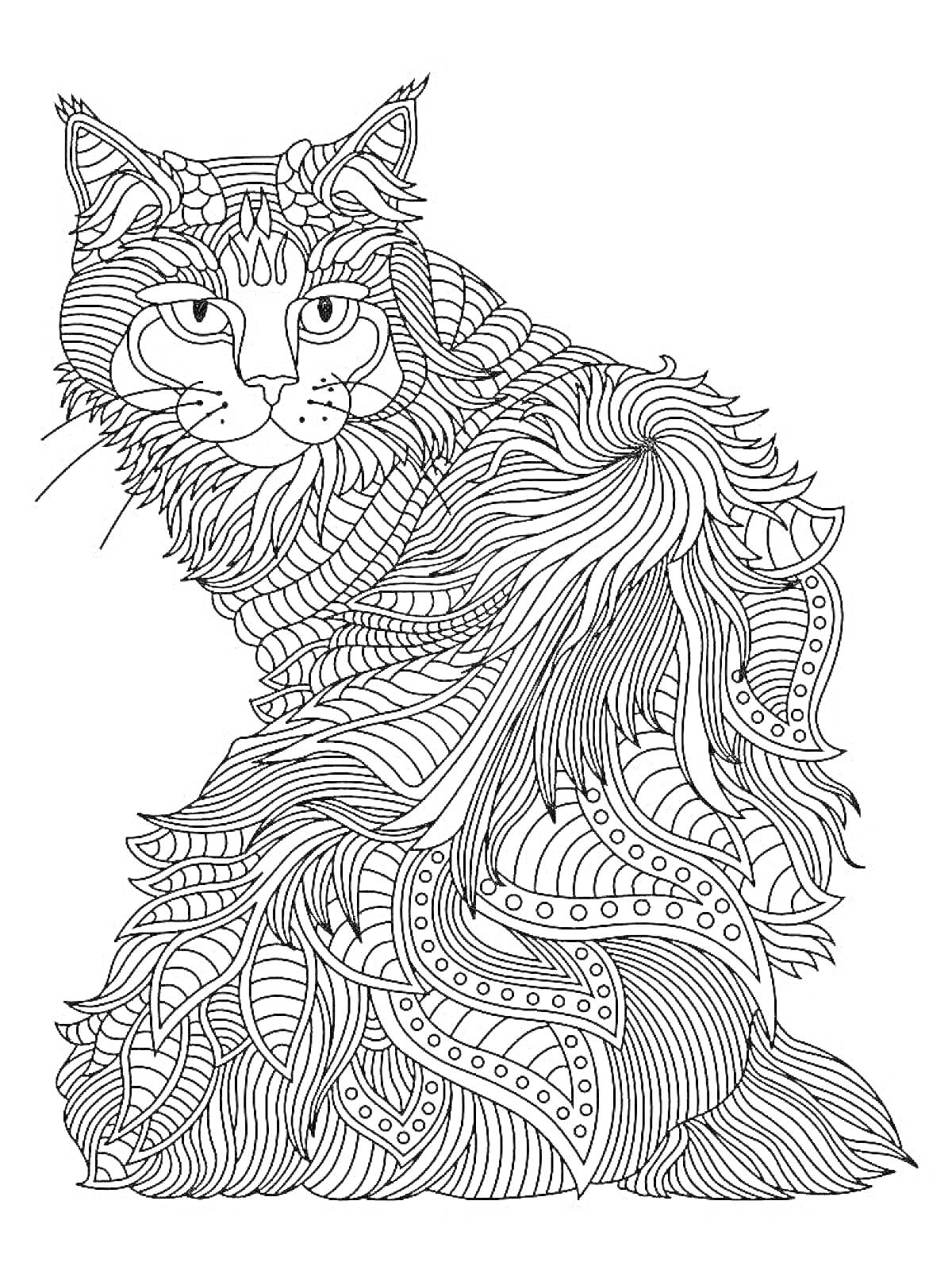 Раскраска Котик с орнаментами и узорами