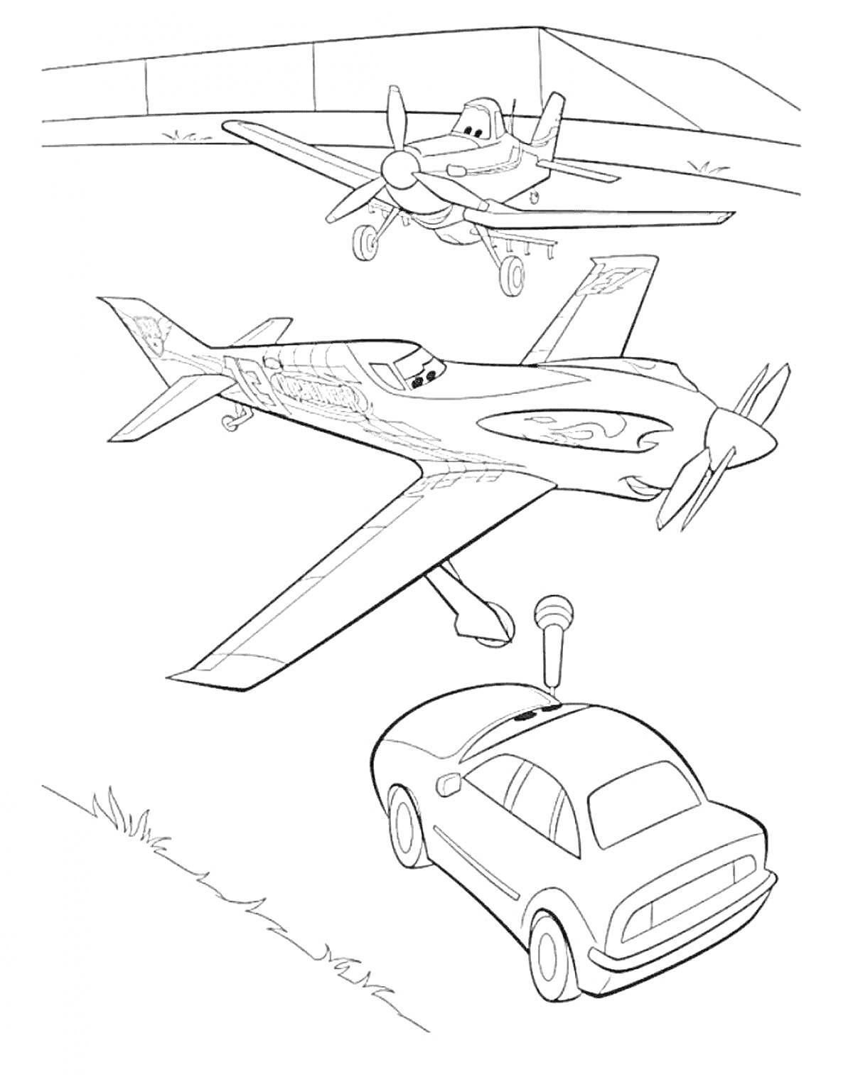 Раскраска Машина и два самолета на аэродроме