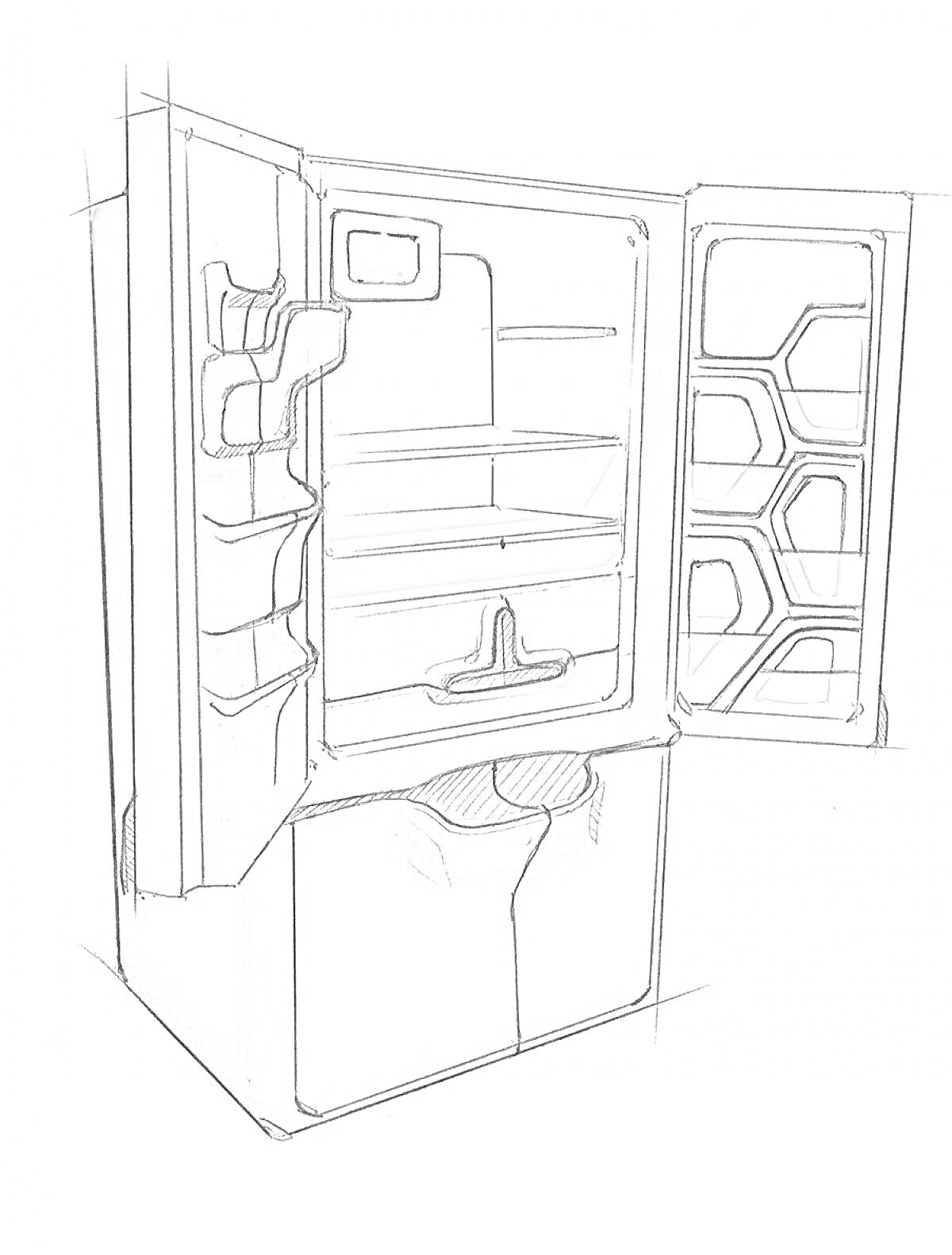 Раскраска Пустой холодильник с открытыми дверцами и полками