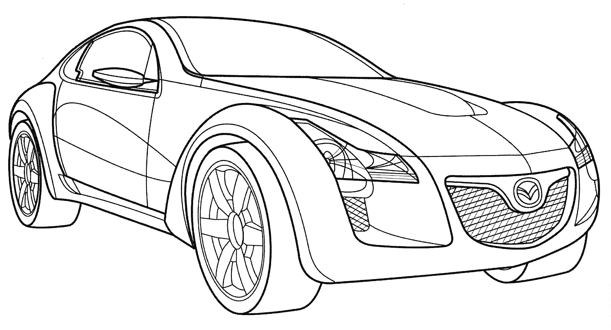 Раскраска Мазда RX-8 - современная спортивная машина с фарами, боковыми зеркалами и детализированными колесами