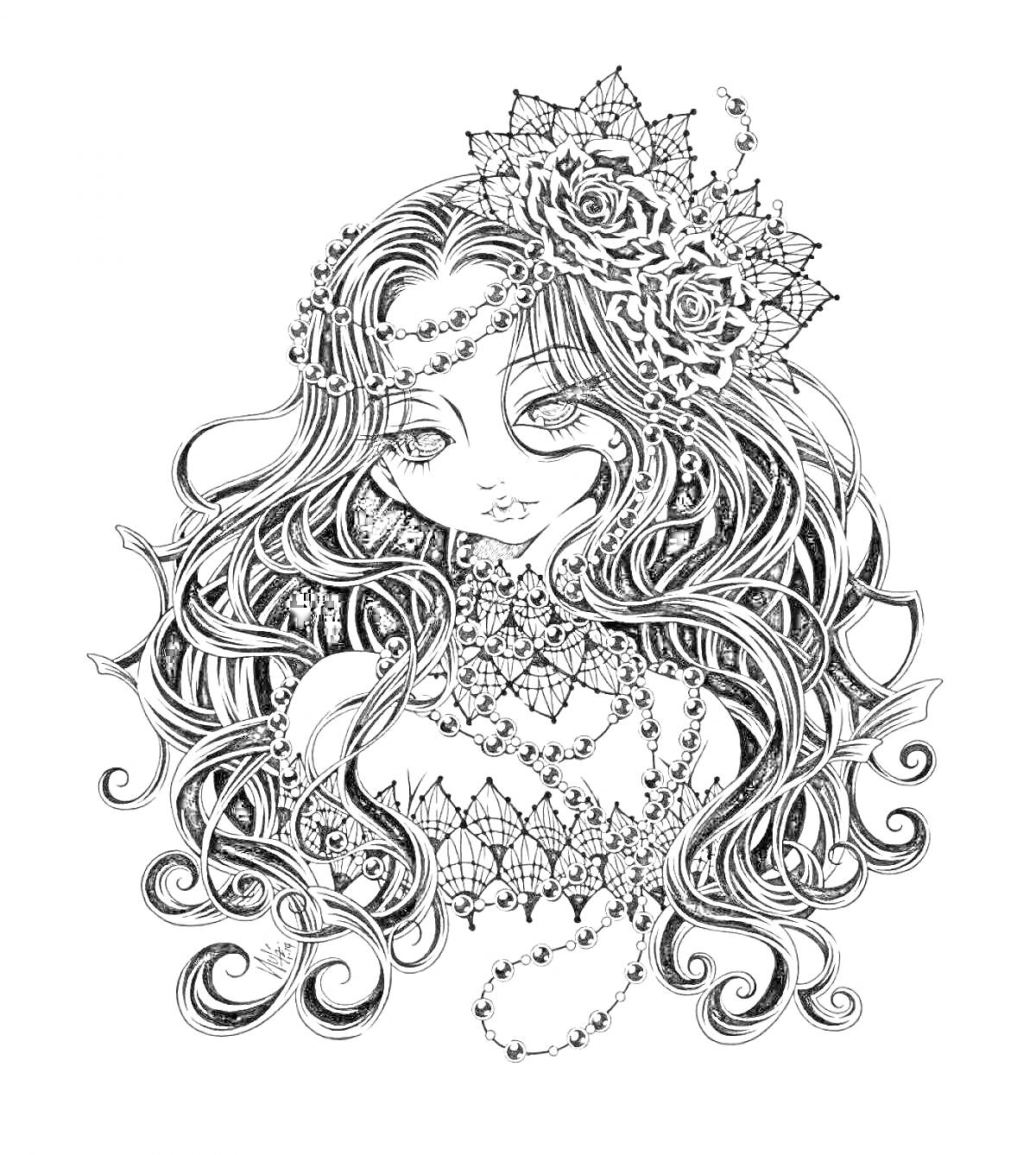 Раскраска Вампирша с длинными волосами, украшенными цветами и драгоценностями
