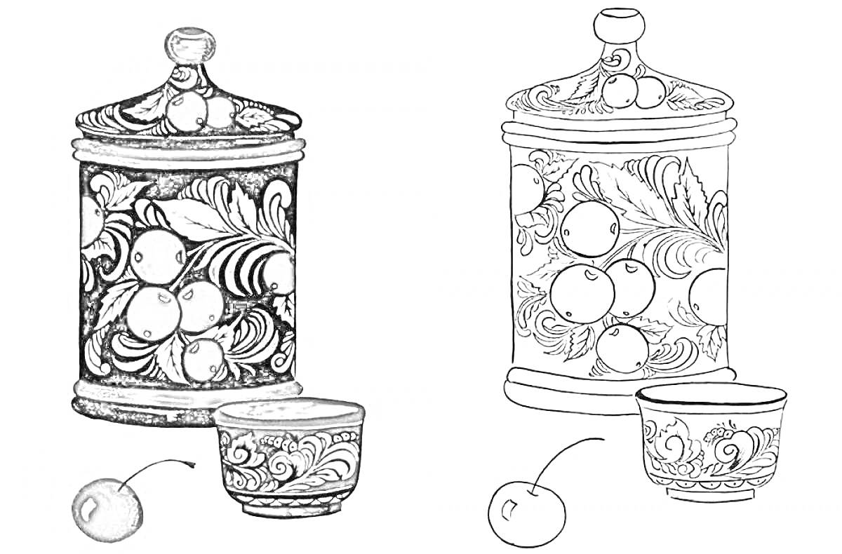 Раскраска Хохломской набор: банка с крышкой, чашка и две вишни