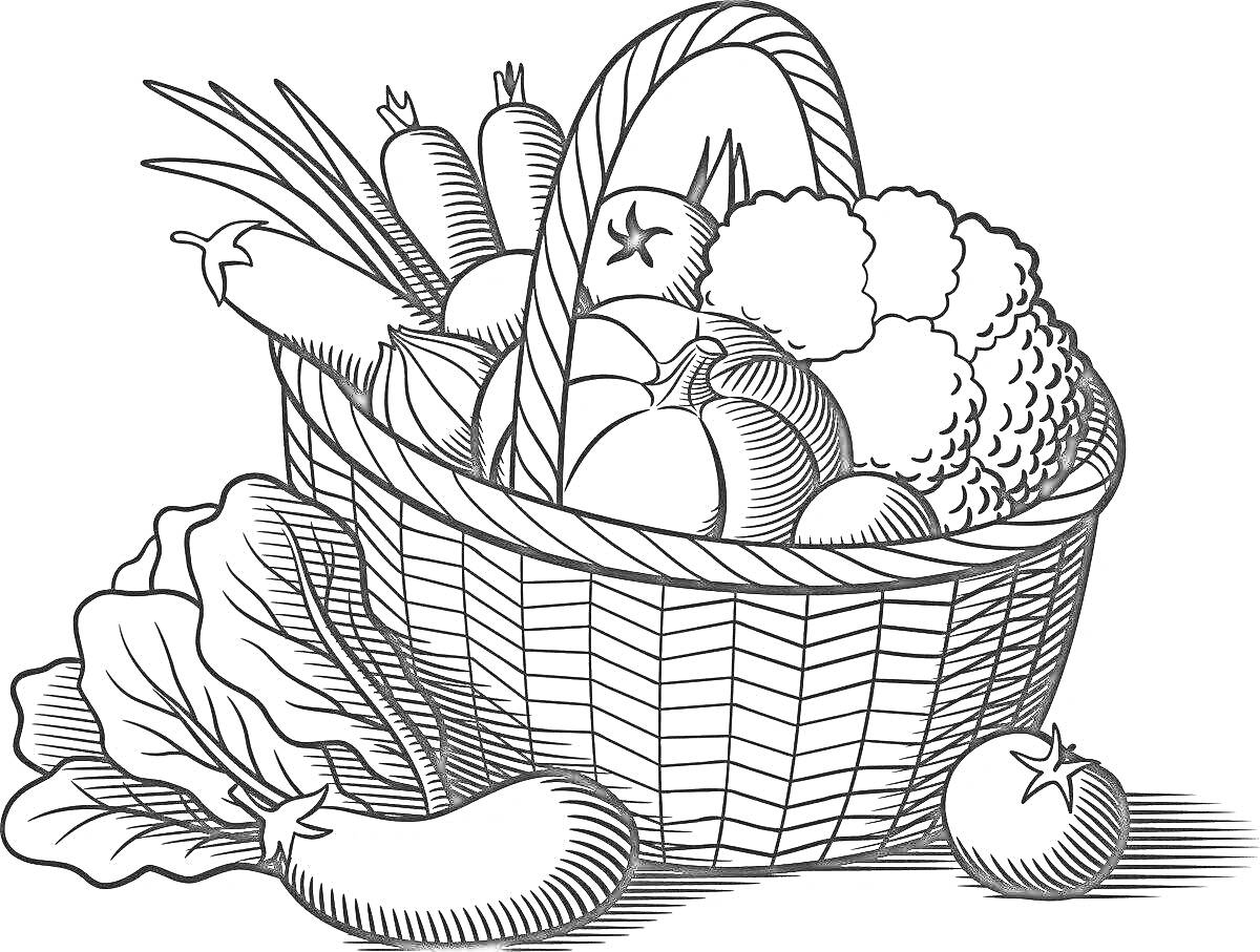 Раскраска Корзина с продуктами (морковь, брокколи, помидоры, лук, листья салата, капуста, баклажан, огурец)