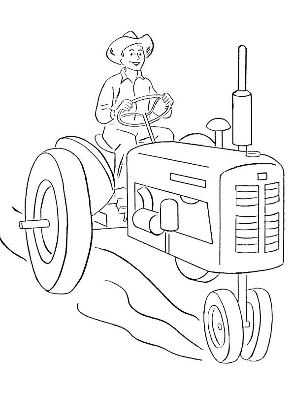 На раскраске изображено: Трактор, Человек, Фермер, Холмы, Сельское хозяйство, Транспорт, Водитель, Дороги