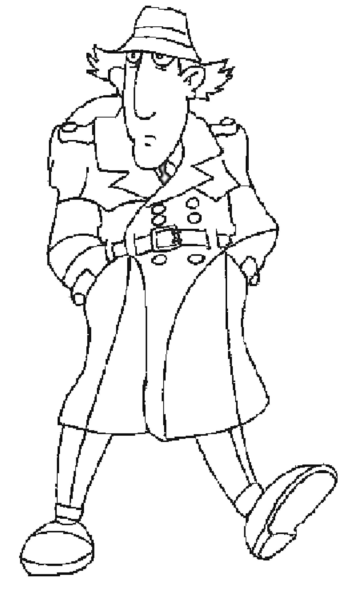 Раскраска Инспектор Гаджет в плаще и шляпе с поднятым воротником и руками в карманах