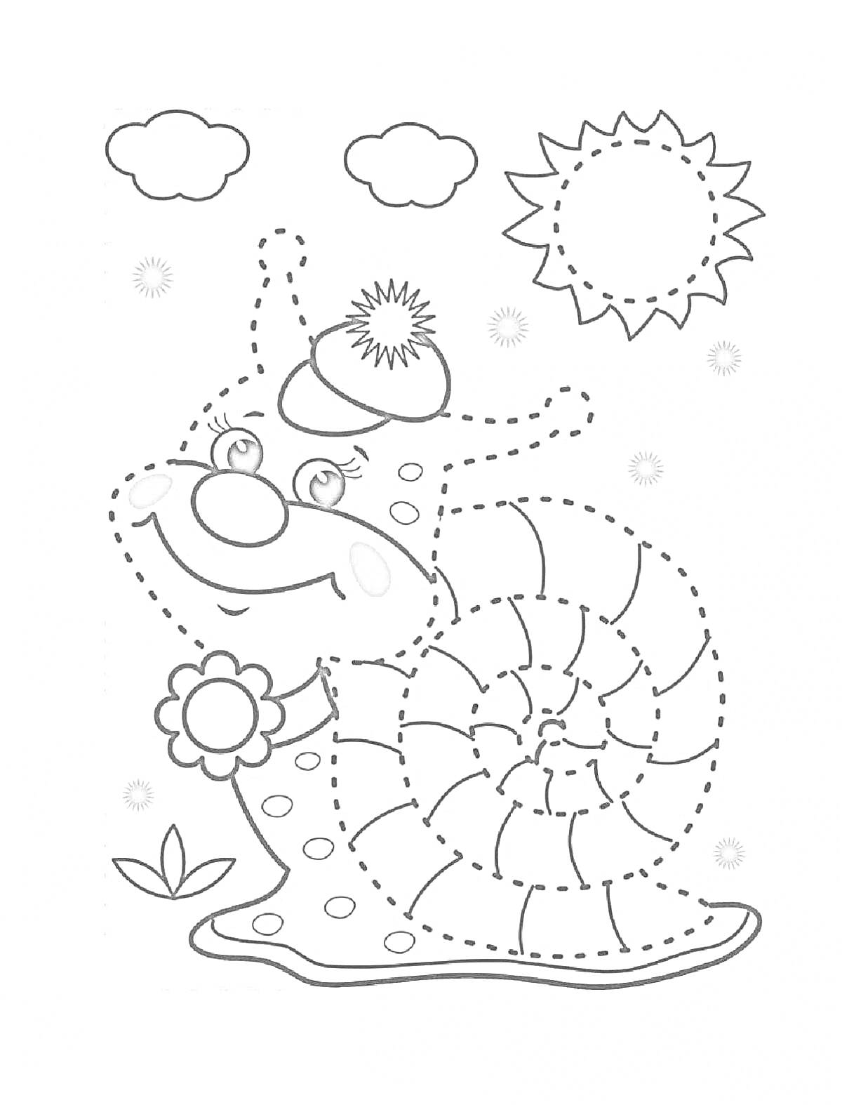 На раскраске изображено: Улитка, Солнце, Облака, Трава, Обвести, Узоры