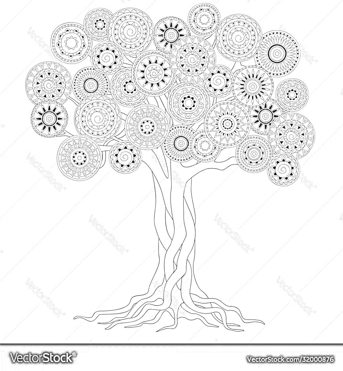 Раскраска Волшебное дерево с узорами-мандалами на кронах, длинным стволом и корнями